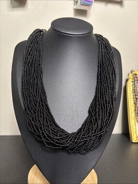You and I Elegant Chunky Black Multi-Strand Glass Seed Bead Necklace